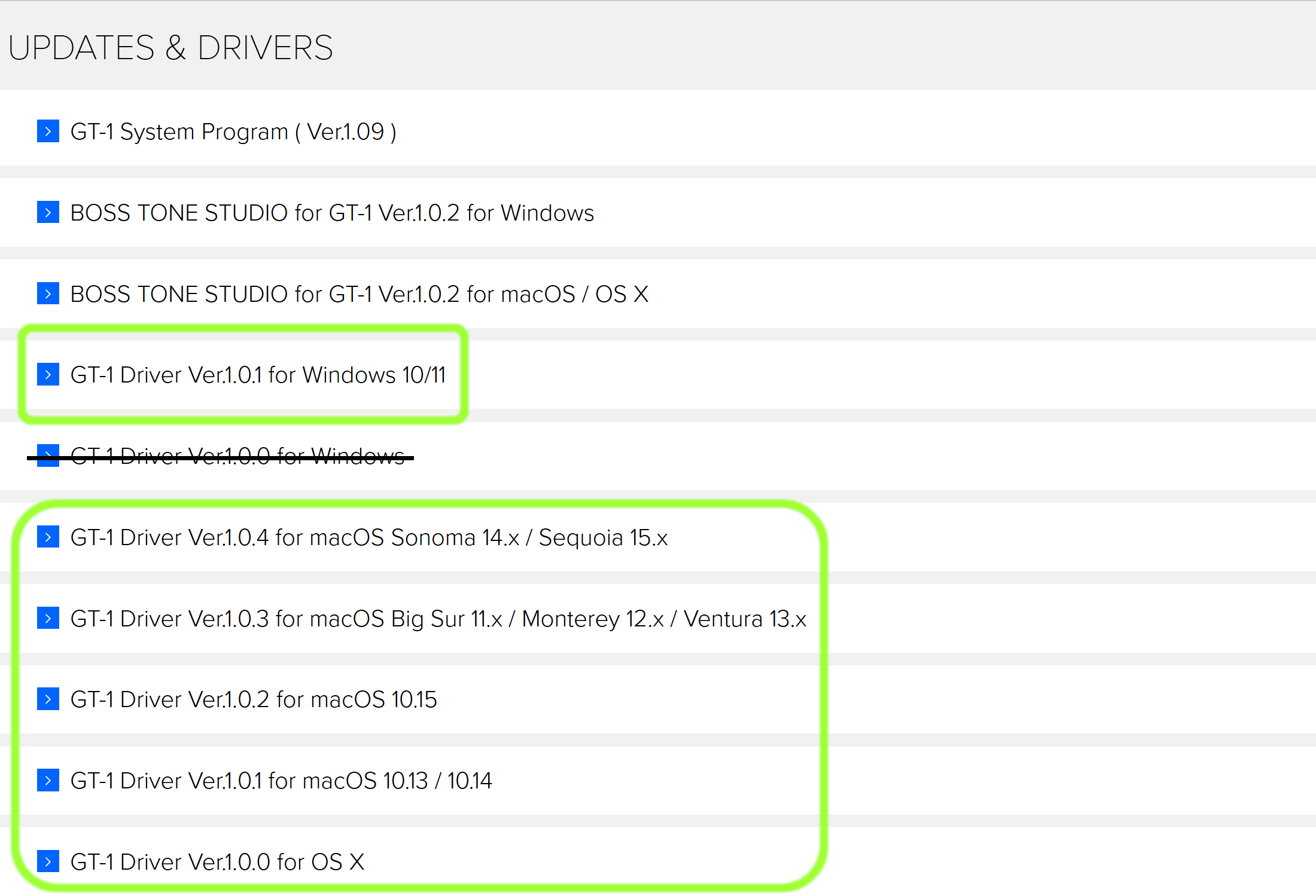 BOSS GT-1 product page showing system program, driver, and downloads